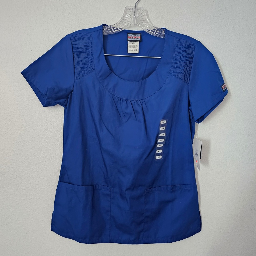 Cherokee Workwear Royal Blue Scrub Top Smocked Shoulder XS NWT